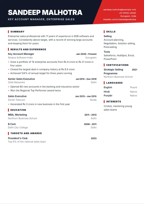 Apex resume template preview with example content