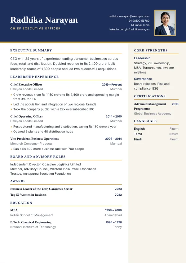 Boardroom resume template preview with example content