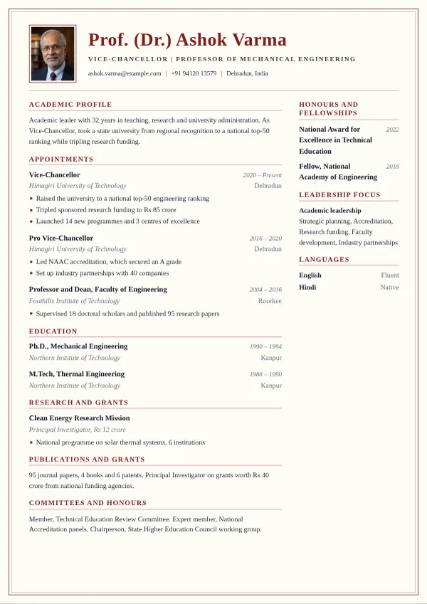 Chancellor resume template preview with example content