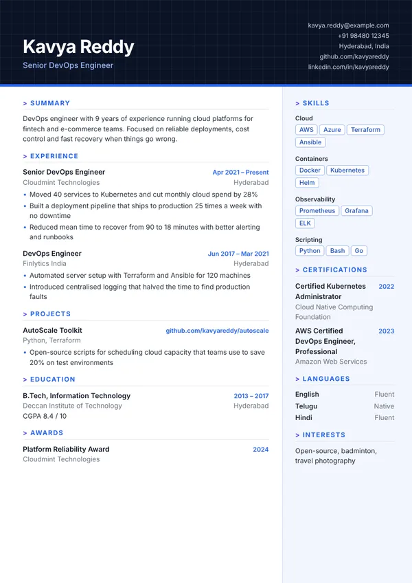 Circuit resume template preview with example content