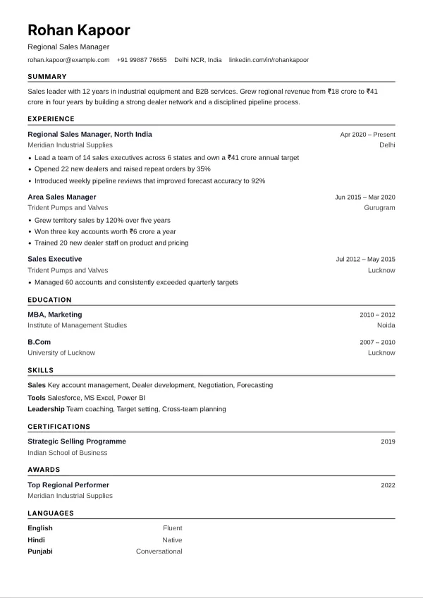 Classic resume template preview with example content