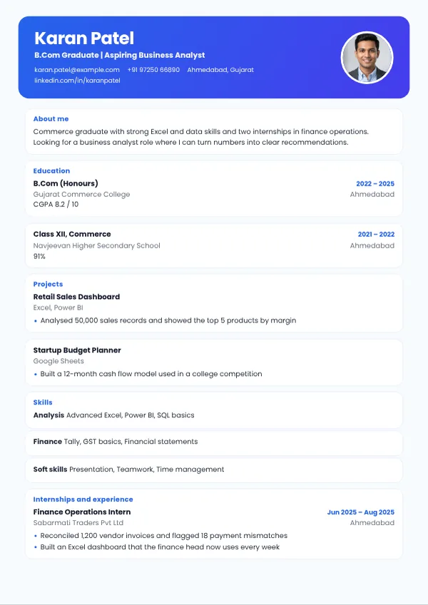 Fresh resume template preview with example content