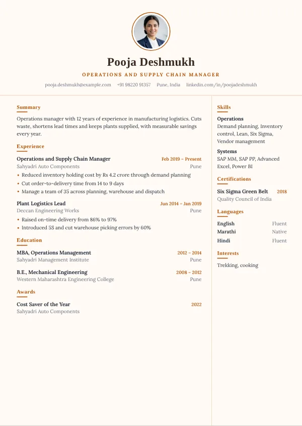 Harbor resume template preview with example content