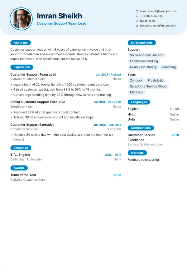 Helpline resume template preview with example content