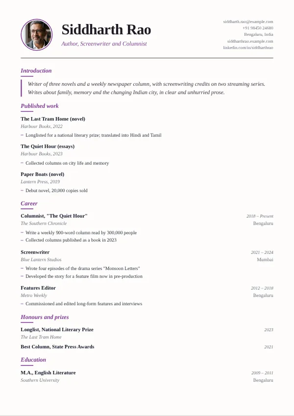 Inkwell resume template preview with example content