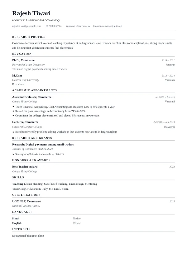 Journal resume template preview with example content