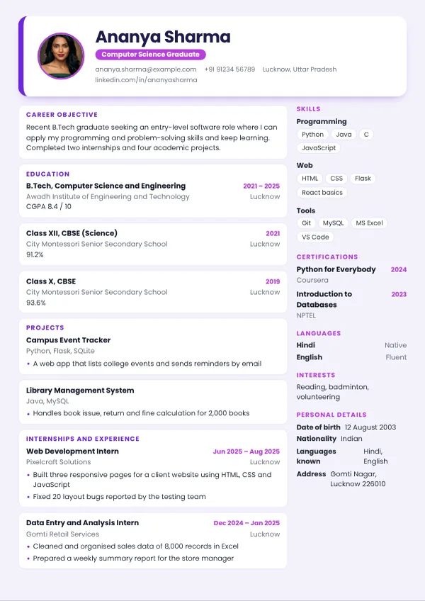 Launchpad resume template preview with example content