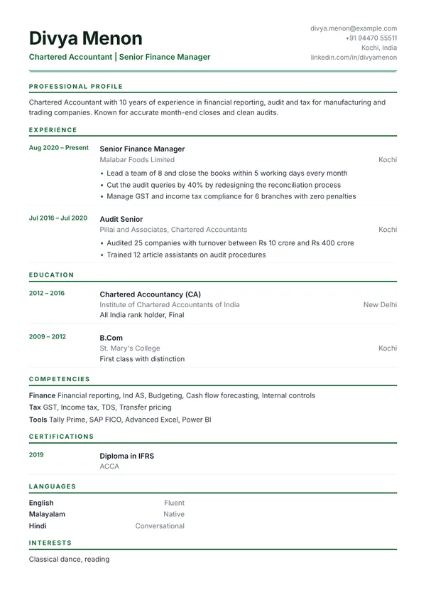 Ledger resume template preview with example content