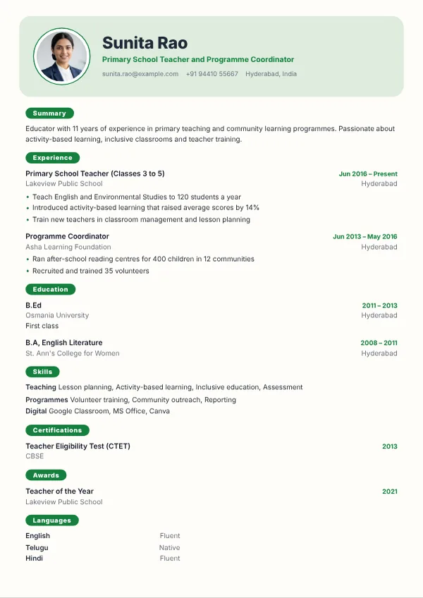 Maple resume template preview with example content