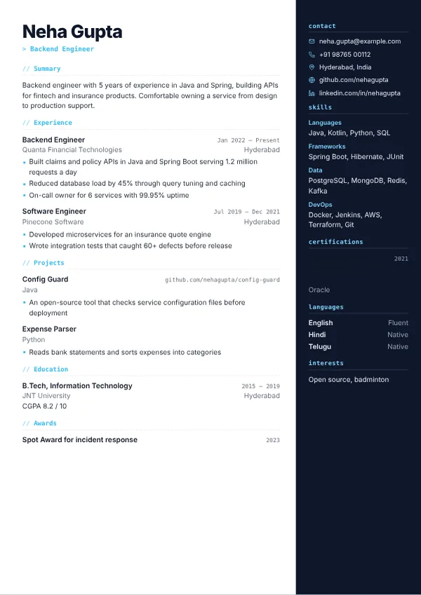 Nova resume template preview with example content
