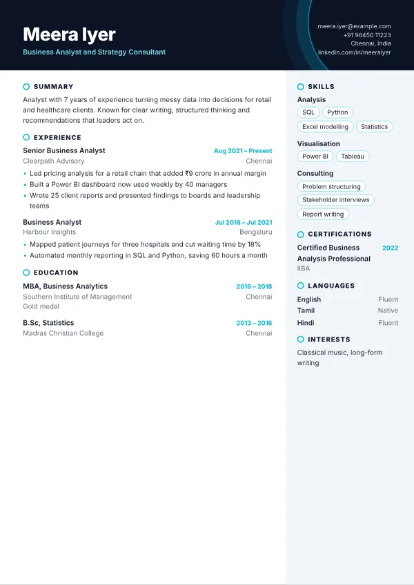 Orbit resume template preview with example content