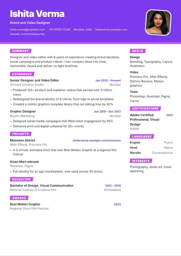 Prism resume template preview with example content