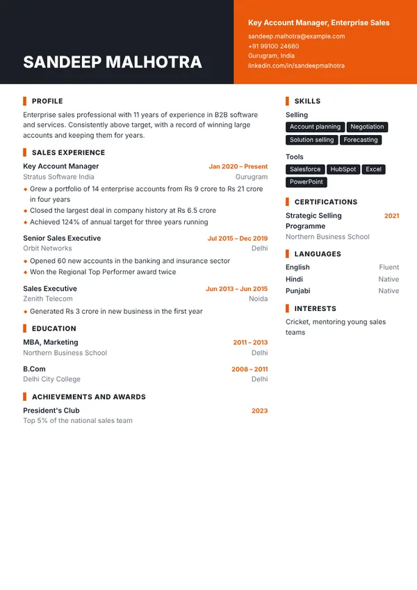Pulse resume template preview with example content