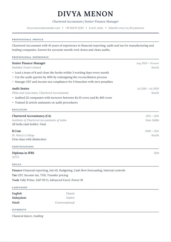 Sterling resume template preview with example content