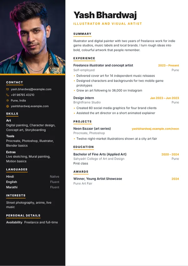 Studio resume template preview with example content