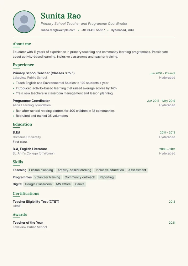 Verdant resume template preview with example content