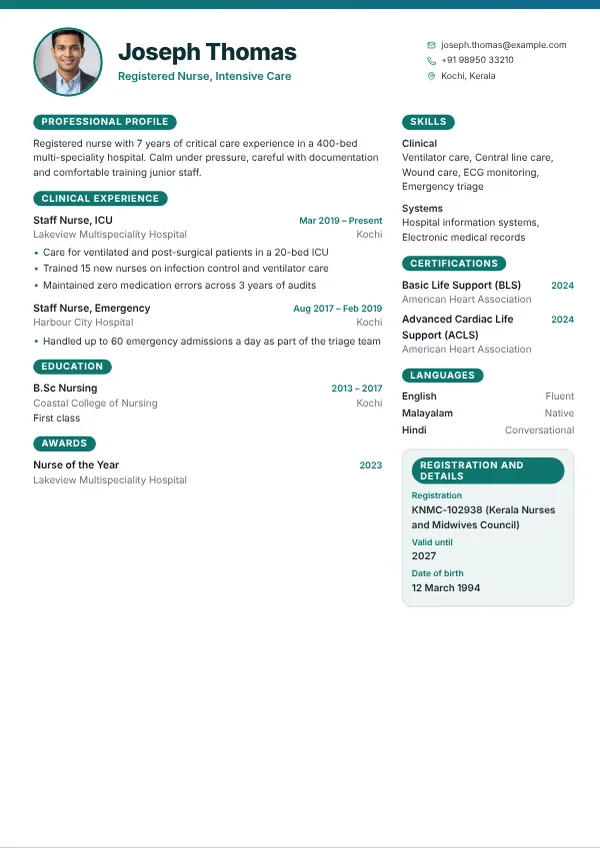 Vital resume template preview with example content